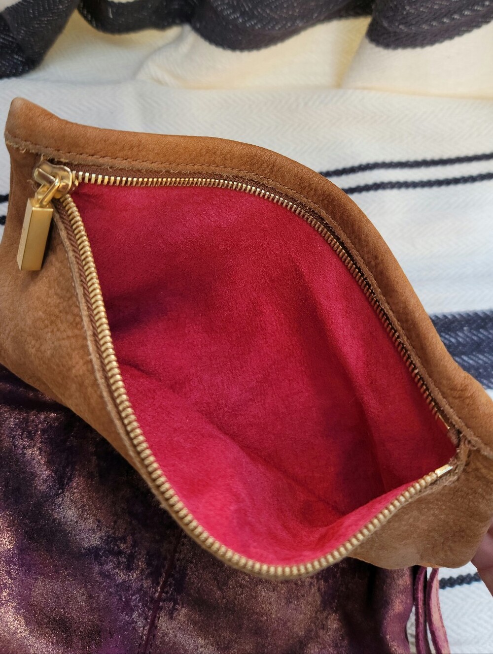 Hammit Leather Fold-Over Crossbody Bag in Brown and Plum with Gold Accents - Picture 2 of 15